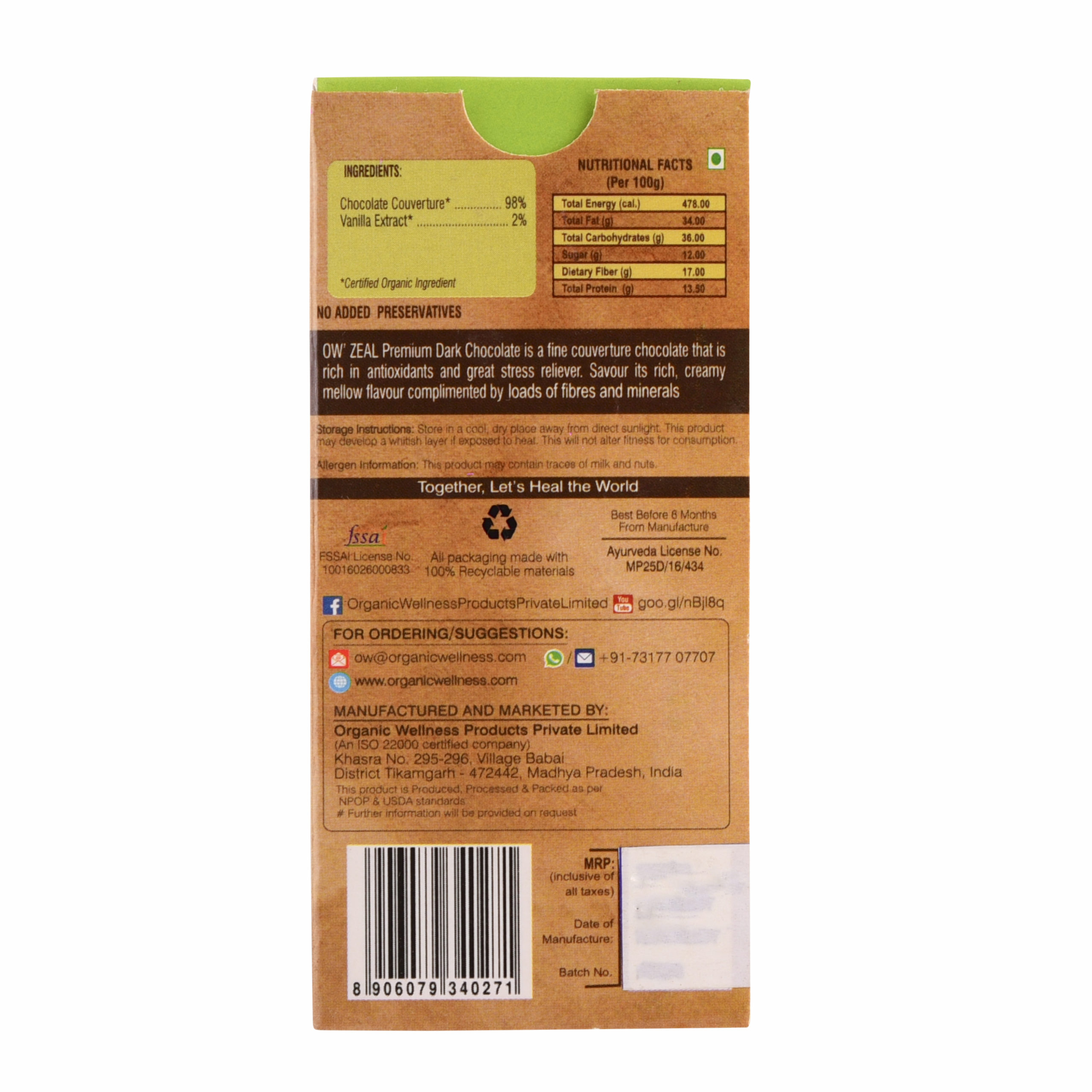 Organic Wellness Premium Dark Chocolate