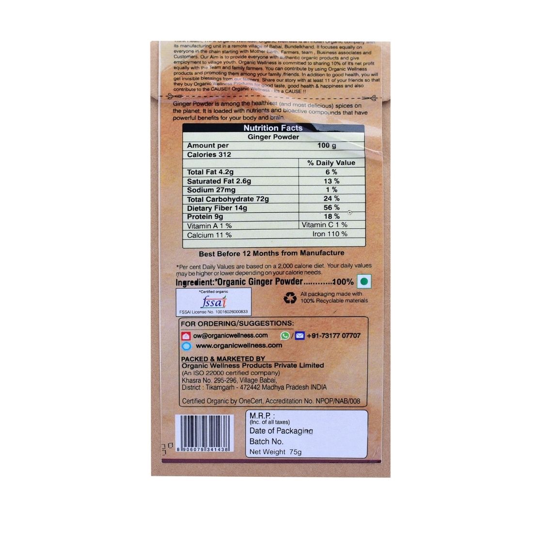 Organic Wellness Ginger Powder 75 grams