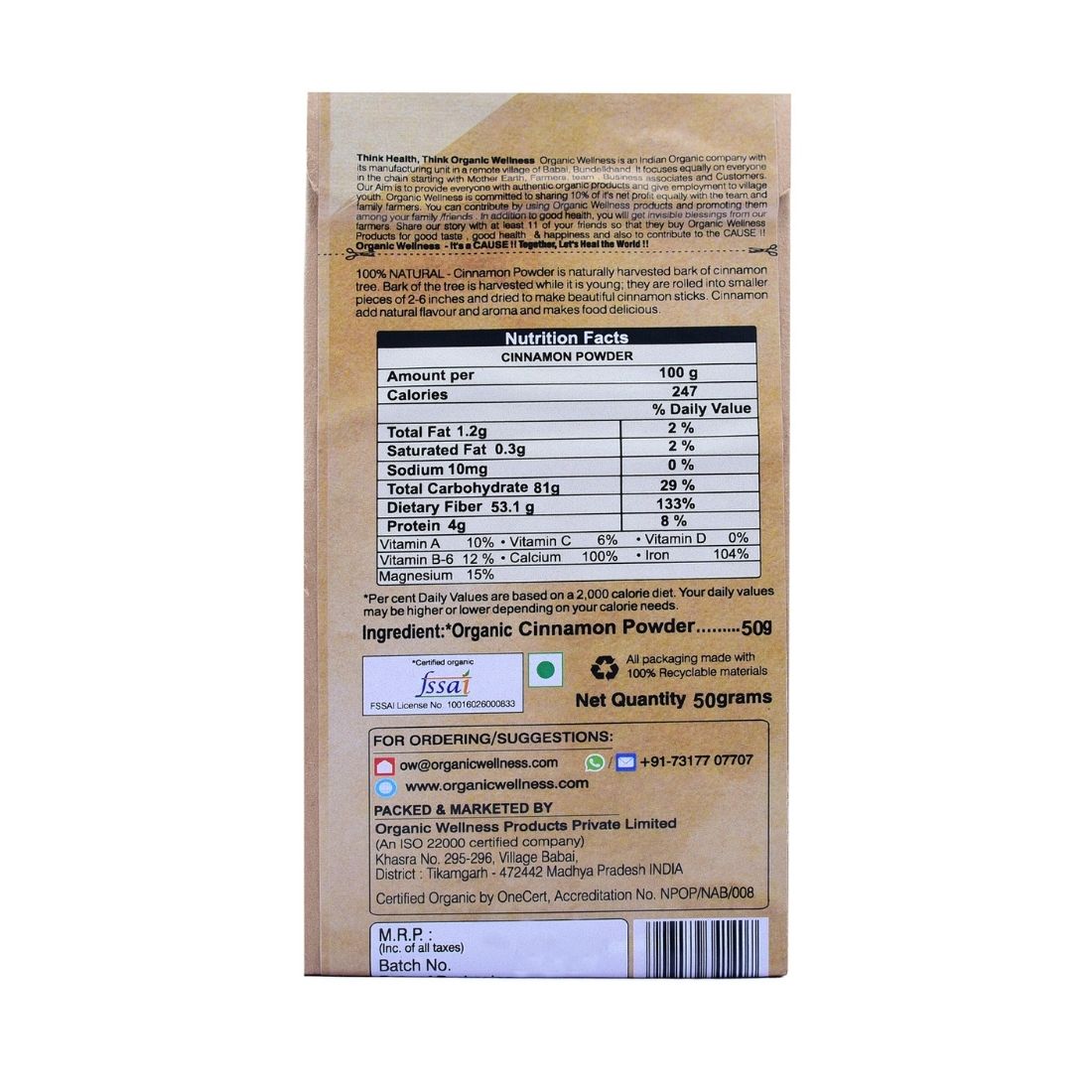 Organic Wellness Cinnamon Powder 50 Gram