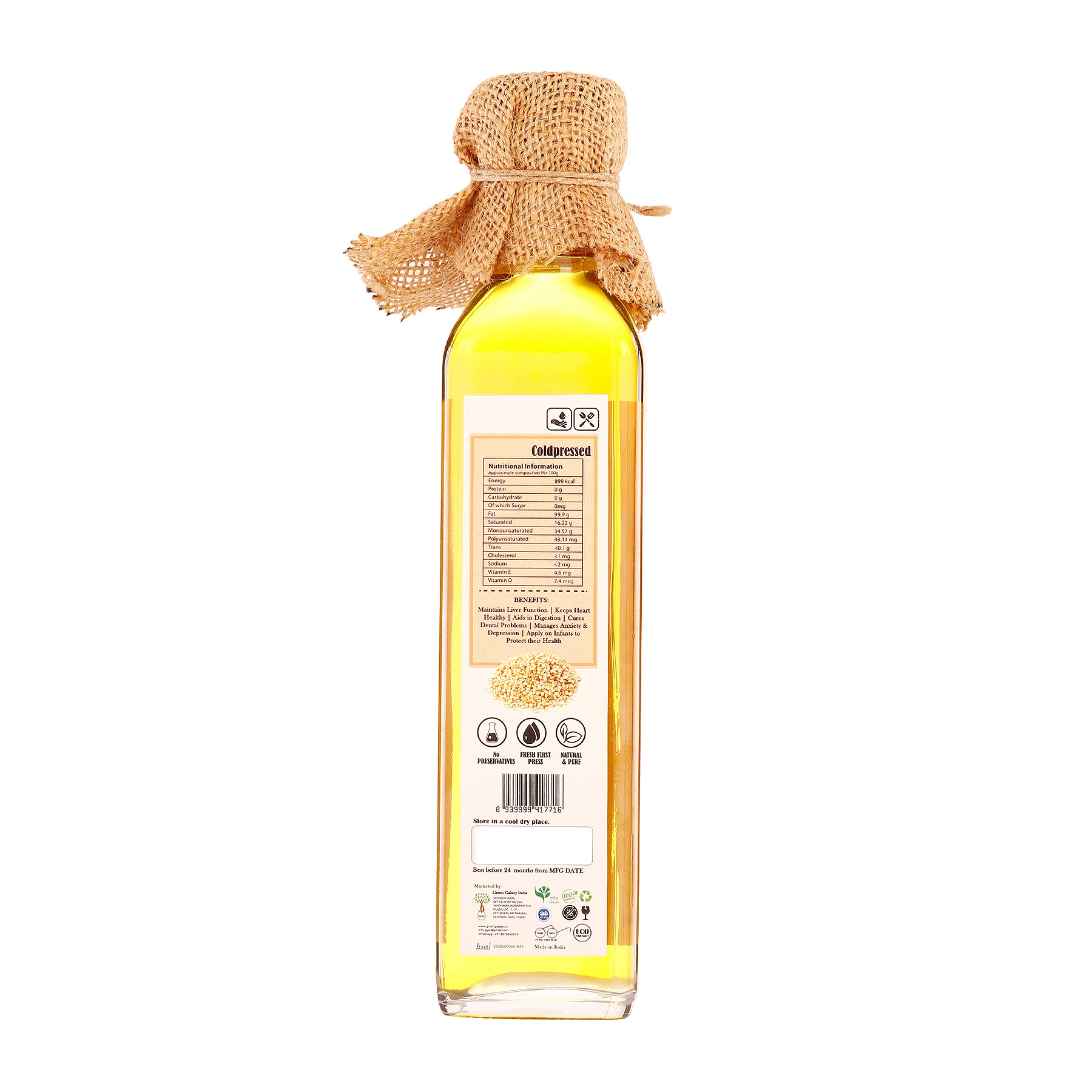 Pure & Natural Cold Pressed White Sesame Oil (250ml)