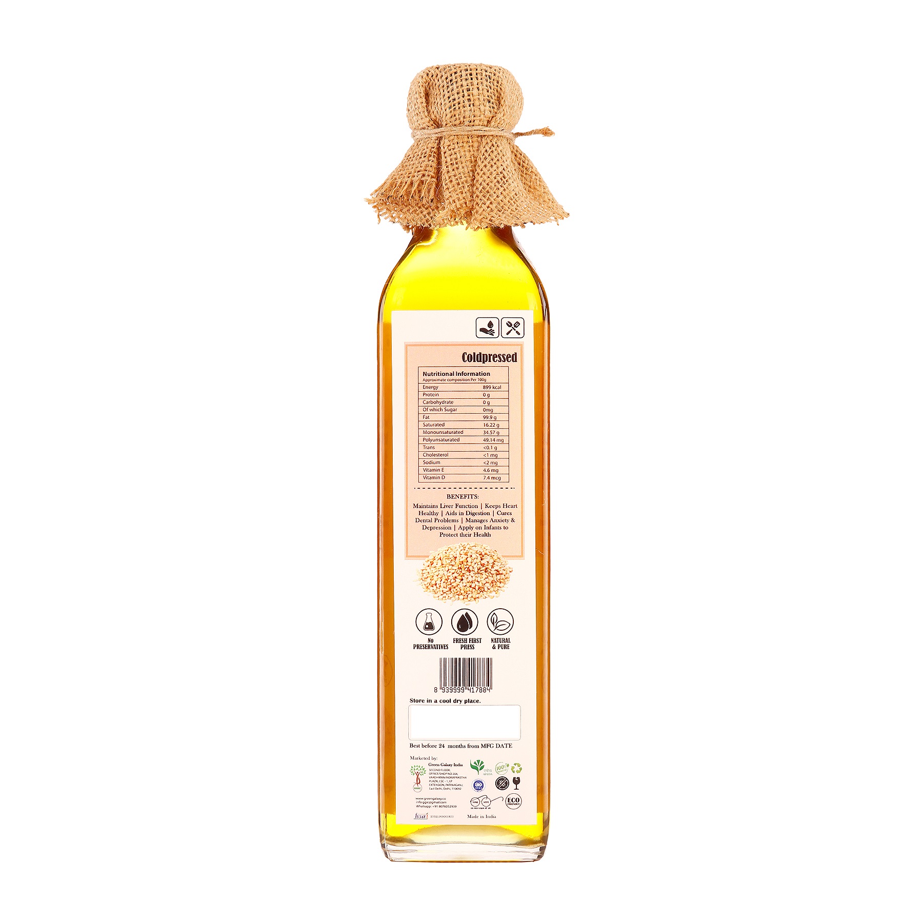 Pure & Natural Cold Pressed White Sesame Oil (500ml)