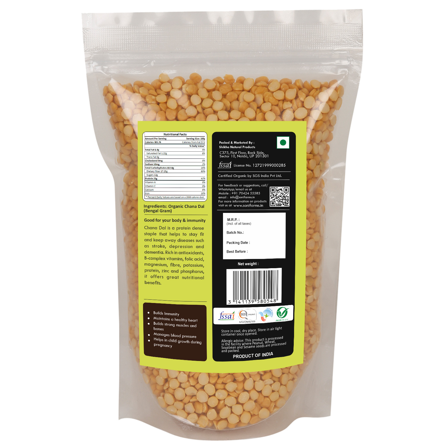 SoNi Farms Organic Chana Dal (Bengal Gram)